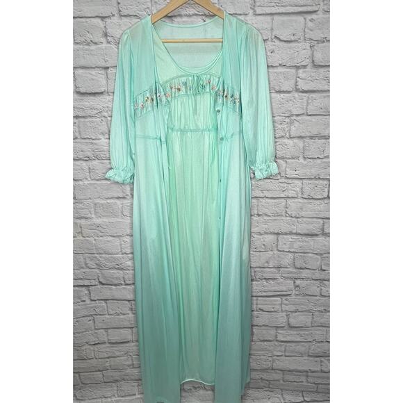 Vintage Texsheen Peignoir Nightgown Set Teal Blue Size M Shiny Long Floral 60/70 - Picture 14 of 14